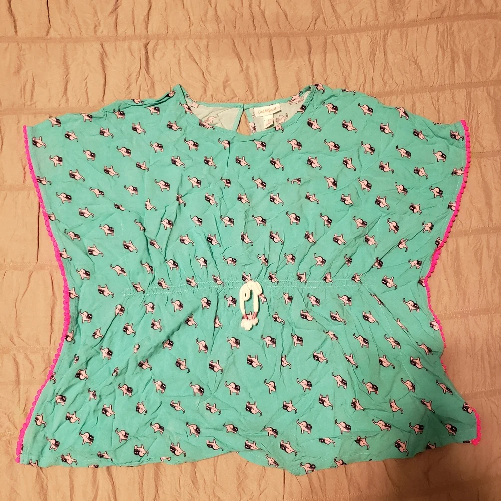 Cat & Jack Kid Teal/pink Elephant Print Cover Up Summer Top W/pom Poms L(10-12)